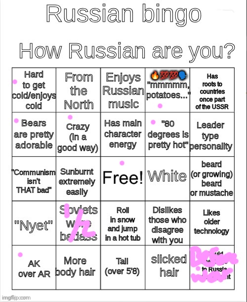 russian bingo | 🔥💯💯🗣️ | image tagged in russian bingo | made w/ Imgflip meme maker
