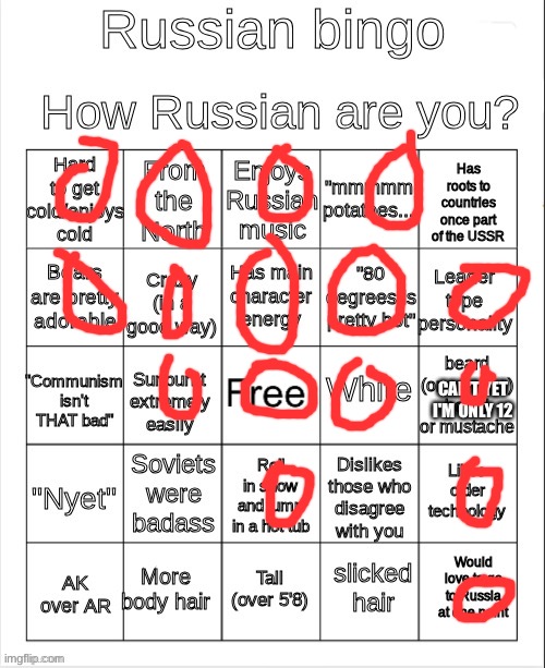 russian bingo | CAN'T YET I'M ONLY 12 | image tagged in russian bingo | made w/ Imgflip meme maker