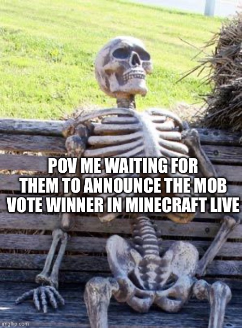 Waiting Skeleton | POV ME WAITING FOR THEM TO ANNOUNCE THE MOB VOTE WINNER IN MINECRAFT LIVE | image tagged in memes,waiting skeleton,minecraft,mob vote,minecraft live,teamcrab | made w/ Imgflip meme maker