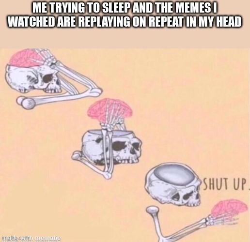 has this happened to anyone else or just me? | ME TRYING TO SLEEP AND THE MEMES I WATCHED ARE REPLAYING ON REPEAT IN MY HEAD | image tagged in skeleton shut up meme | made w/ Imgflip meme maker