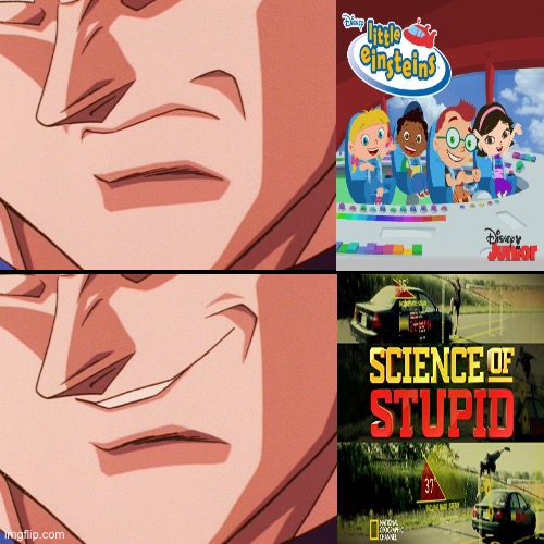 Vegeta, the Saiyan Prince hates Little Einsteins and likes Science of Stupid that makes him laugh...? | image tagged in vegeta evil smile writing on the side,disney,disney channel,disney plus,dragon ball z,vegeta | made w/ Imgflip meme maker