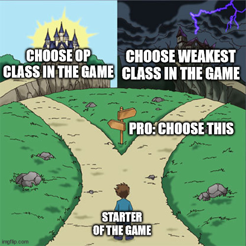 such as Mage and Druid of World of Warcraft | CHOOSE OP CLASS IN THE GAME; CHOOSE WEAKEST CLASS IN THE GAME; PRO: CHOOSE THIS; STARTER OF THE GAME | image tagged in two paths,video games,game class | made w/ Imgflip meme maker