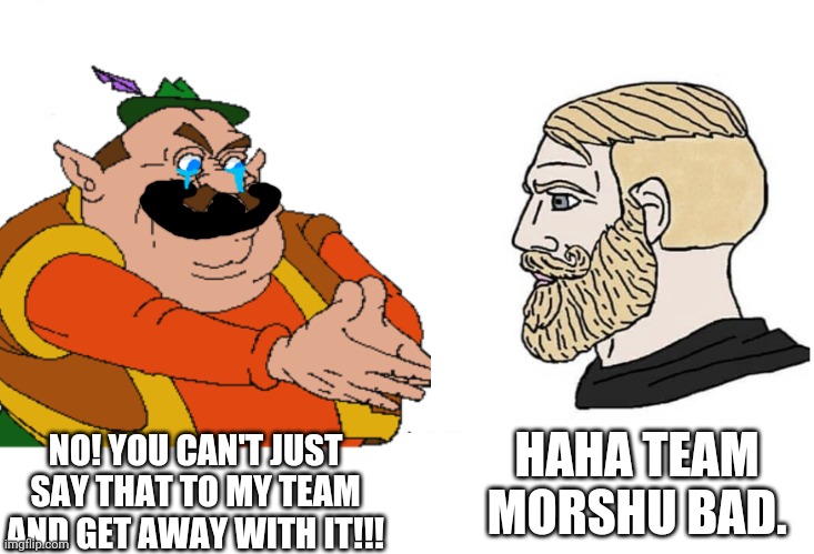 Team Morshu is overrated. | HAHA TEAM MORSHU BAD. NO! YOU CAN'T JUST SAY THAT TO MY TEAM AND GET AWAY WITH IT!!! | image tagged in soyboy vs yes chad | made w/ Imgflip meme maker