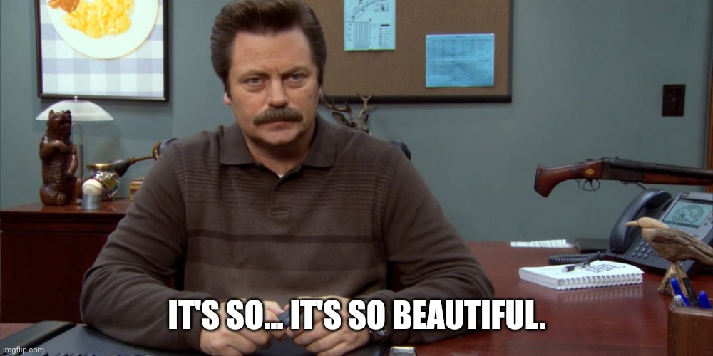 Swanson - It's so.....It's so beautiful | IT'S SO... IT'S SO BEAUTIFUL. | image tagged in swanson - it's so it's so beautiful | made w/ Imgflip meme maker