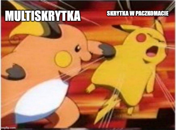 multiskrytka | MULTISKRYTKA; SKRYTKA W PACZKOMACIE | image tagged in raichu vs pikachu | made w/ Imgflip meme maker