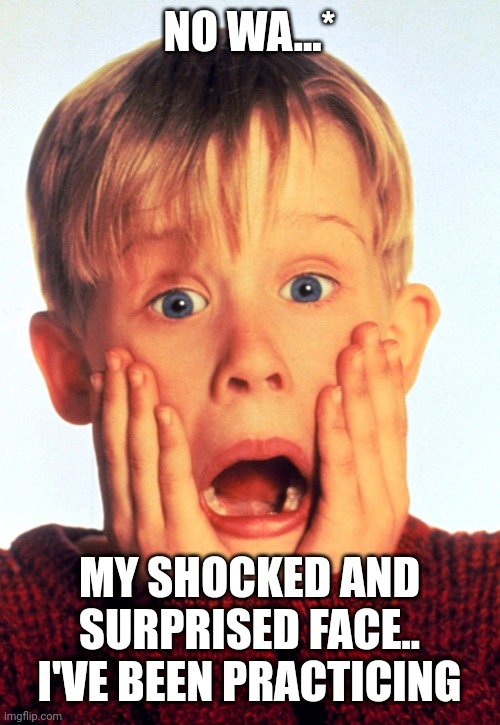 Macaulay Culkin | NO WA...* MY SHOCKED AND SURPRISED FACE.. I'VE BEEN PRACTICING | image tagged in macaulay culkin | made w/ Imgflip meme maker