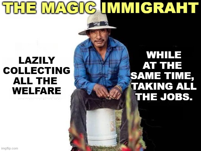 C'mon, choose one degrading stereotype and stick with it. You can't have both. | THE MAGIC IMMIGRAHT; LAZILY COLLECTING ALL THE 
WELFARE; WHILE AT THE 
SAME TIME, 

TAKING ALL THE JOBS. | image tagged in immigrants,welfare,jobs,target,hatred | made w/ Imgflip meme maker