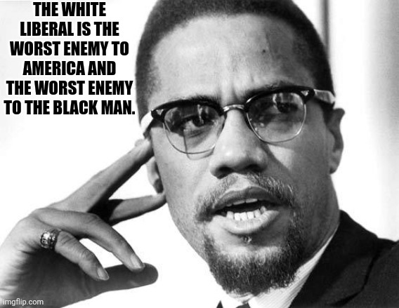 Malcolm X's dream | THE WHITE LIBERAL IS THE WORST ENEMY TO AMERICA AND THE WORST ENEMY TO THE BLACK MAN. | image tagged in malcolm x's dream | made w/ Imgflip meme maker