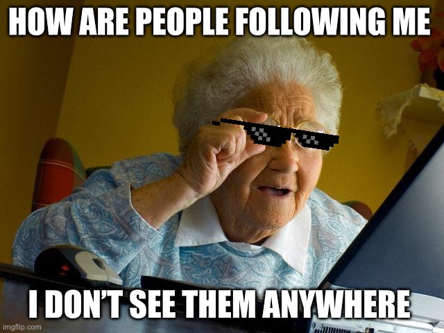 Grandma Finds The Internet Meme | HOW ARE PEOPLE FOLLOWING ME; I DON’T SEE THEM ANYWHERE | image tagged in memes,grandma finds the internet | made w/ Imgflip meme maker