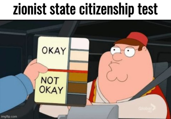 Family Guy Okay Not Okay | zionist state citizenship test | image tagged in family guy okay not okay,dark humor,oh moderators | made w/ Imgflip meme maker