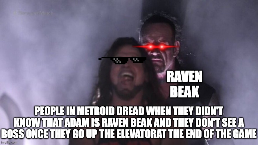 AJ Styles & Undertaker | RAVEN BEAK; PEOPLE IN METROID DREAD WHEN THEY DIDN'T KNOW THAT ADAM IS RAVEN BEAK AND THEY DON'T SEE A BOSS ONCE THEY GO UP THE ELEVATORAT THE END OF THE GAME | image tagged in aj styles undertaker | made w/ Imgflip meme maker