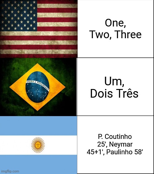They talk about 1-7, we talk about 3-0 | One, Two, Three; Um, Dois Três; P. Coutinho 25', Neymar 45+1', Paulinho 58' | image tagged in 6 panel | made w/ Imgflip meme maker