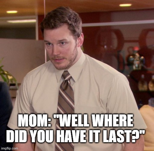 me | MOM: "WELL WHERE DID YOU HAVE IT LAST?" | image tagged in memes | made w/ Imgflip meme maker
