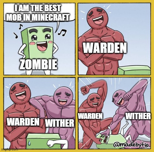 Guy getting beat up | I AM THE BEST MOB IN MINECRAFT; WARDEN; ZOMBIE; WARDEN; WITHER; WARDEN; WITHER | image tagged in guy getting beat up,minecraft,zombie,warden,wither | made w/ Imgflip meme maker