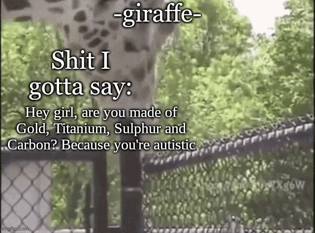 -giraffe- | Hey girl, are you made of Gold, Titanium, Sulphur and Carbon? Because you're autistic | image tagged in -giraffe- | made w/ Imgflip meme maker