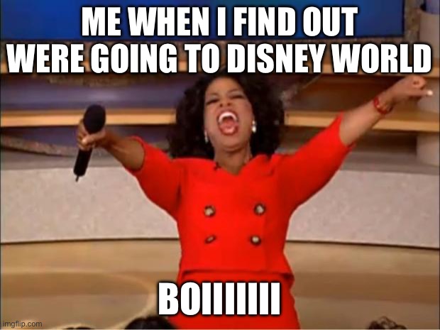 me when we go to disney world | ME WHEN I FIND OUT WERE GOING TO DISNEY WORLD; BOIIIIIII | image tagged in memes,oprah you get a | made w/ Imgflip meme maker