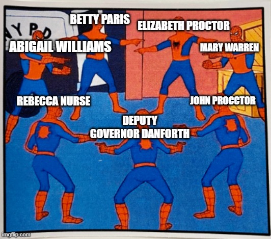 BETTY PARIS; ELIZABETH PROCTOR; ABIGAIL WILLIAMS; MARY WARREN; REBECCA NURSE; JOHN PROCCTOR; DEPUTY GOVERNOR DANFORTH | made w/ Imgflip meme maker