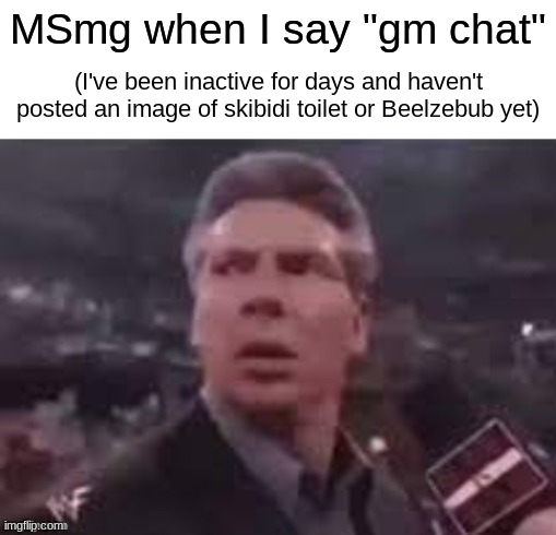 x when x walks in | MSmg when I say "gm chat"; (I've been inactive for days and haven't posted an image of skibidi toilet or Beelzebub yet) | image tagged in x when x walks in | made w/ Imgflip meme maker