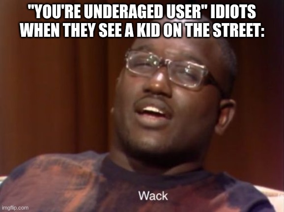 "you're underaged user" people are so annoying | "YOU'RE UNDERAGED USER" IDIOTS WHEN THEY SEE A KID ON THE STREET: | image tagged in wack,idiots,annoying,shut up,you have been eternally cursed for reading the tags,hehehe | made w/ Imgflip meme maker
