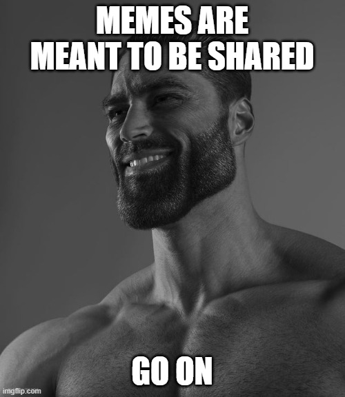 Giga Chad | MEMES ARE MEANT TO BE SHARED GO ON | image tagged in giga chad | made w/ Imgflip meme maker