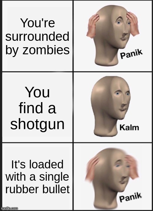 bruh | You're surrounded by zombies; You find a shotgun; It's loaded with a single rubber bullet | image tagged in memes,panik kalm panik | made w/ Imgflip meme maker