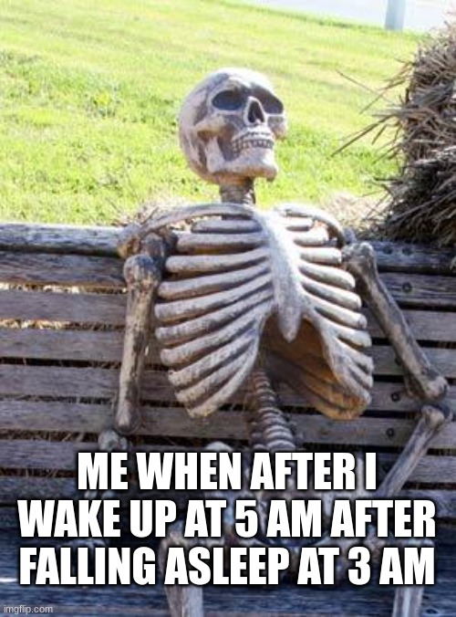 (May note: Irl friend’s first meme :D) | ME WHEN AFTER I WAKE UP AT 5 AM AFTER FALLING ASLEEP AT 3 AM | image tagged in memes,waiting skeleton | made w/ Imgflip meme maker