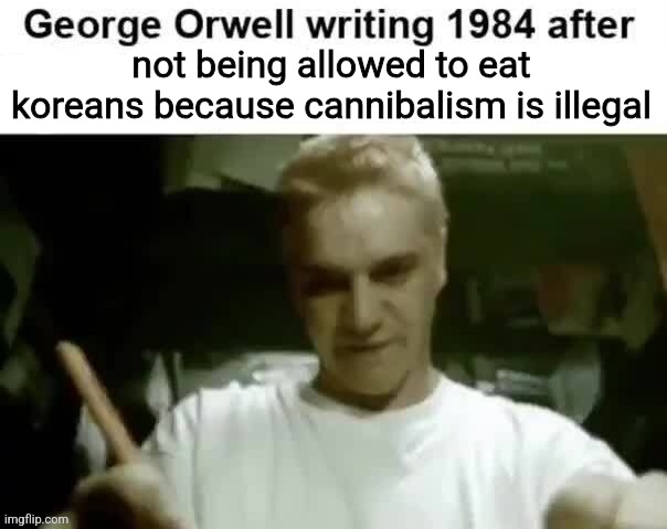 George Orwell writing 1984 after | not being allowed to eat koreans because cannibalism is illegal | image tagged in george orwell writing 1984 after | made w/ Imgflip meme maker