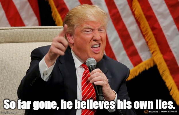 So Far Gone, He Believes His Own Lies | So far gone, he believes his own lies. | image tagged in trump,lies,liar | made w/ Imgflip meme maker