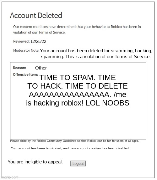 scam bot get banned from roblox - Imgflip