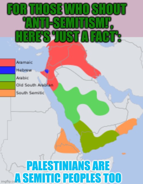 Do people know what 'semitic' actually means? | FOR THOSE WHO SHOUT 
'ANTI-SEMITISM!',
HERE'S 'JUST A FACT':; PALESTINIANS ARE A SEMITIC PEOPLES TOO | image tagged in israel,palestine,conflict,antisemitism,think about it | made w/ Imgflip meme maker