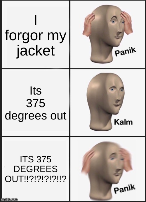 when you forgor ur jacket ? | I forgor my jacket; Its 375 degrees out; ITS 375 DEGREES OUT!!?!?!?!?!!? | image tagged in memes,panik kalm panik | made w/ Imgflip meme maker