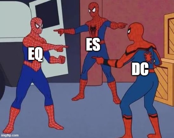 3 Spiderman Pointing | ES; EQ; DC | image tagged in 3 spiderman pointing | made w/ Imgflip meme maker