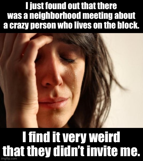 Hmm | I just found out that there was a neighborhood meeting about a crazy person who lives on the block. I find it very weird that they didn’t invite me. | image tagged in memes,first world problems | made w/ Imgflip meme maker