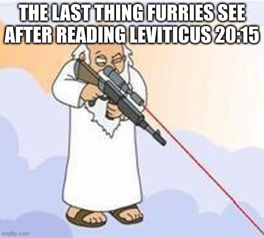 leviticus 20:15 is the best section of the bible | THE LAST THING FURRIES SEE AFTER READING LEVITICUS 20:15 | image tagged in god sniper family guy | made w/ Imgflip meme maker