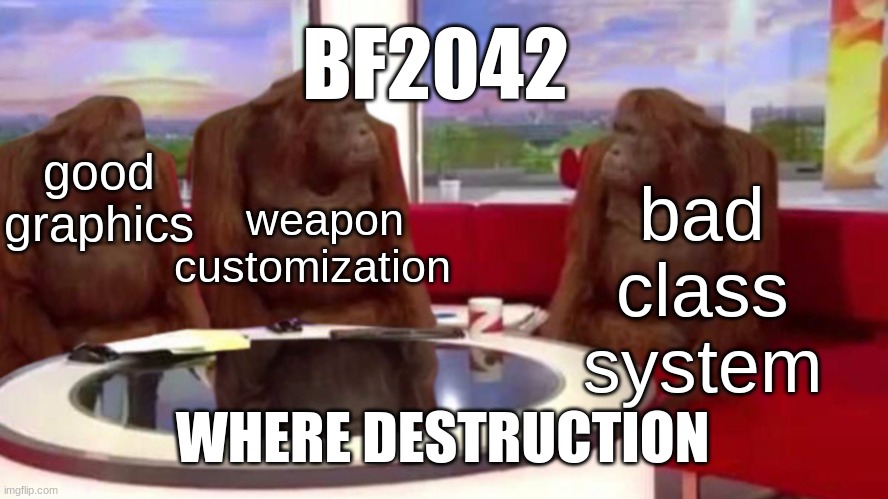 orangutan interview | BF2042; bad class system; good graphics; weapon customization; WHERE DESTRUCTION | image tagged in orangutan interview | made w/ Imgflip meme maker