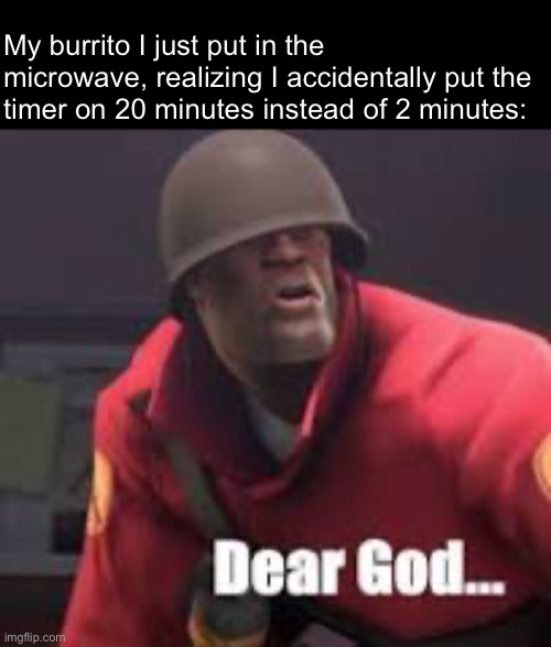 Burn | My burrito I just put in the microwave, realizing I accidentally put the timer on 20 minutes instead of 2 minutes: | made w/ Imgflip meme maker