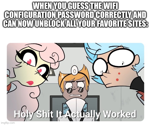 I wonder what my dad makes the wifi config password. | WHEN YOU GUESS THE WIFI CONFIGURATION PASSWORD CORRECTLY AND CAN NOW UNBLOCK ALL YOUR FAVORITE SITES: | image tagged in holy shit | made w/ Imgflip meme maker