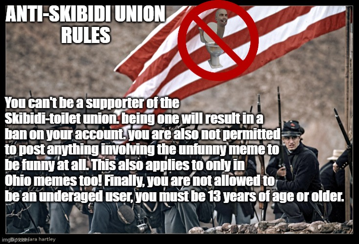 LONG LIVE THE UNION | ANTI-SKIBIDI UNION
RULES; You can't be a supporter of the Skibidi-toilet union. being one will result in a ban on your account. you are also not permitted to post anything involving the unfunny meme to be funny at all. This also applies to only in Ohio memes too! Finally, you are not allowed to be an underaged user, you must be 13 years of age or older. | image tagged in long live the union | made w/ Imgflip meme maker