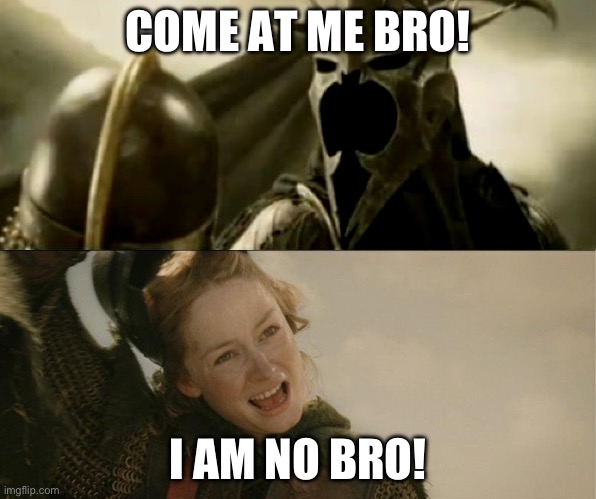 Bro | COME AT ME BRO! I AM NO BRO! | image tagged in i am no man,lord of the rings,funny memes,cool,popular | made w/ Imgflip meme maker