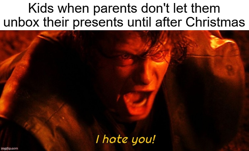 I hate you! | Kids when parents don't let them unbox their presents until after Christmas | image tagged in i hate you | made w/ Imgflip meme maker