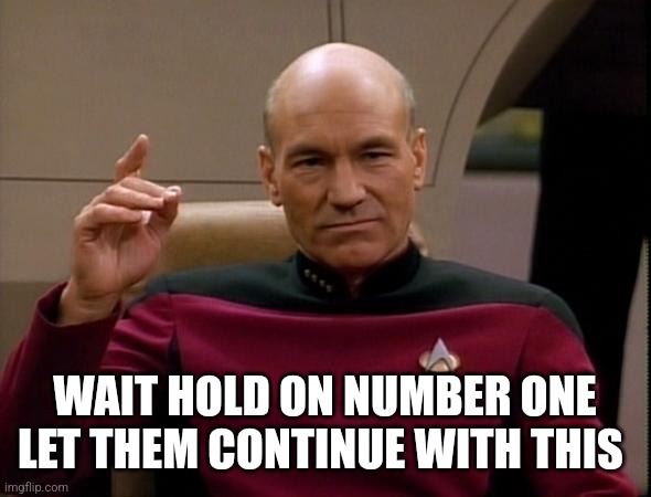 Picard Make it so | WAIT HOLD ON NUMBER ONE
LET THEM CONTINUE WITH THIS | image tagged in picard make it so | made w/ Imgflip meme maker