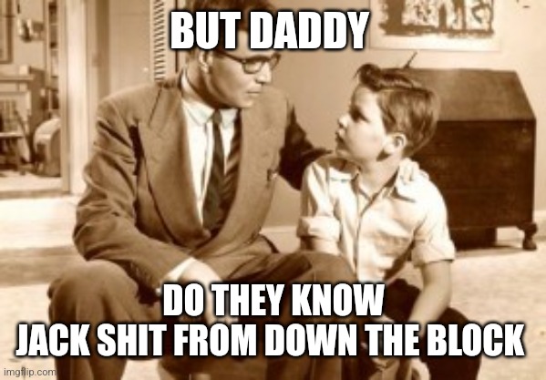 Father and son conversation | BUT DADDY DO THEY KNOW
JACK SHIT FROM DOWN THE BLOCK | image tagged in father and son conversation | made w/ Imgflip meme maker
