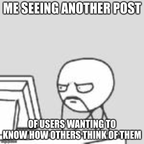 Tbh, I'm guilty of it too, but that's all I see on MSMG | ME SEEING ANOTHER POST; OF USERS WANTING TO KNOW HOW OTHERS THINK OF THEM | image tagged in staring at computer | made w/ Imgflip meme maker