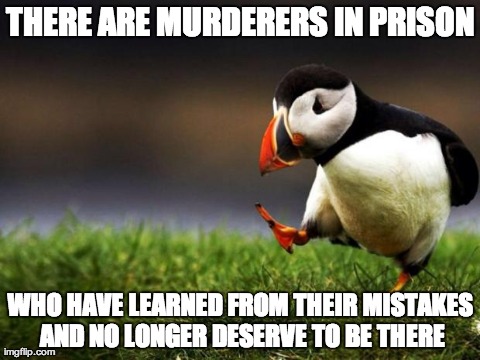 Unpopular Opinion Puffin Meme | THERE ARE MURDERERS IN PRISON WHO HAVE LEARNED FROM THEIR MISTAKES AND NO LONGER DESERVE TO BE THERE | image tagged in memes,unpopular opinion puffin,AdviceAnimals | made w/ Imgflip meme maker