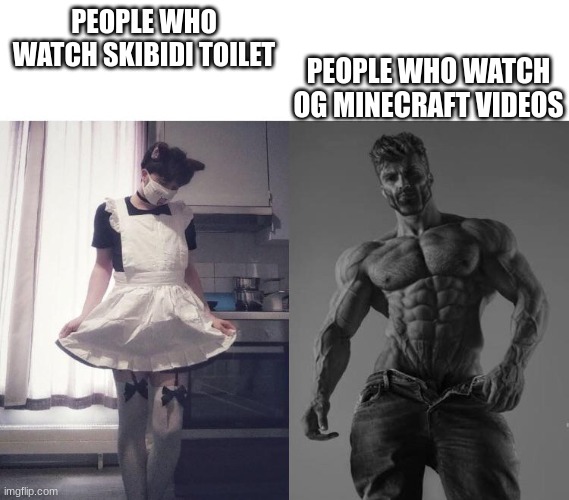 Giga chad vs femboy | PEOPLE WHO WATCH OG MINECRAFT VIDEOS; PEOPLE WHO WATCH SKIBIDI TOILET | image tagged in giga chad vs femboy | made w/ Imgflip meme maker