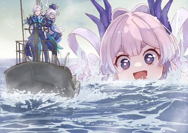 Godzilla chase the small boat (Genshin Impact Version) Blank Meme Template