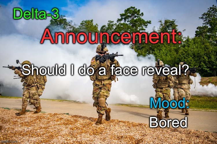 Delta-3 Announcement template | Should I do a face reveal? Bored | image tagged in delta-3 announcement template | made w/ Imgflip meme maker