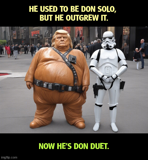 HE USED TO BE DON SOLO, 
BUT HE OUTGREW IT. NOW HE'S DON DUET. | image tagged in donald trump,star wars,han solo | made w/ Imgflip meme maker