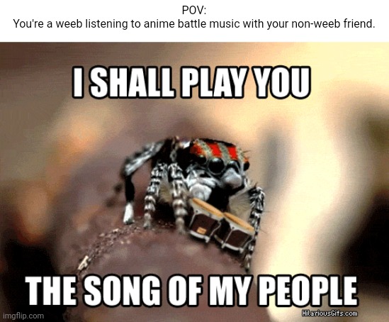 I Shall Play You The Song Of My People | POV:
You're a weeb listening to anime battle music with your non-weeb friend. | image tagged in i shall play you the song of my people,memes,funny,anime | made w/ Imgflip meme maker