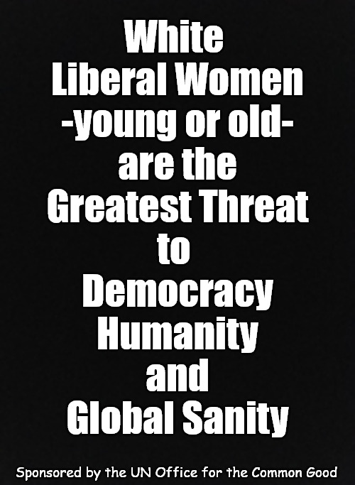 and they cannot give a one word answer to a simple question | White 
Liberal Women
-young or old-
are the
Greatest Threat
to 
Democracy
Humanity
and
Global Sanity; Sponsored by the UN Office for the Common Good | image tagged in memes,politics,liberal women,democracy | made w/ Imgflip meme maker